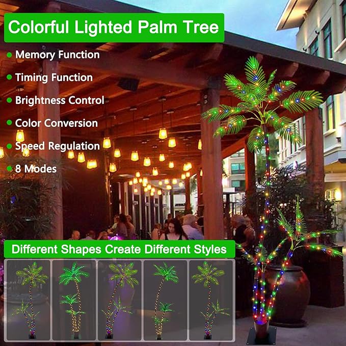 6FT Lighted Artificial Palm Tree with Three Trunks and 212 LED Lights with Remote Control and App Waterproof for Tiki Bars, Patios,Beaches,Yards Pool, Cruise Party-Warm White to Multicolor