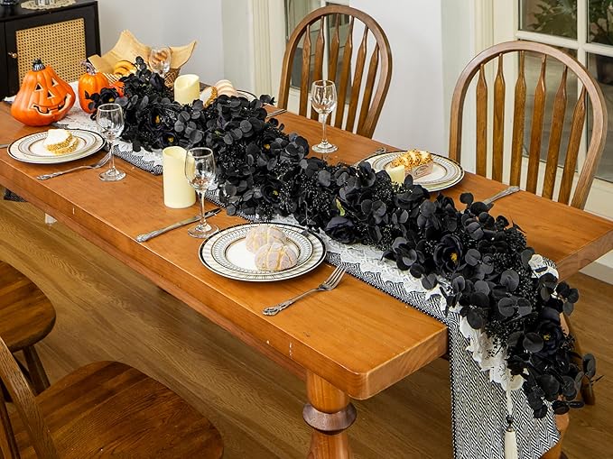 6FT Black Halloween Garland with 10 Black Rose and Berries, Artificial Flower Eucalyptus Garland for Halloween Decorations for Wedding Party Table Decor Indoor Outdoor Backdrop Wall Decor