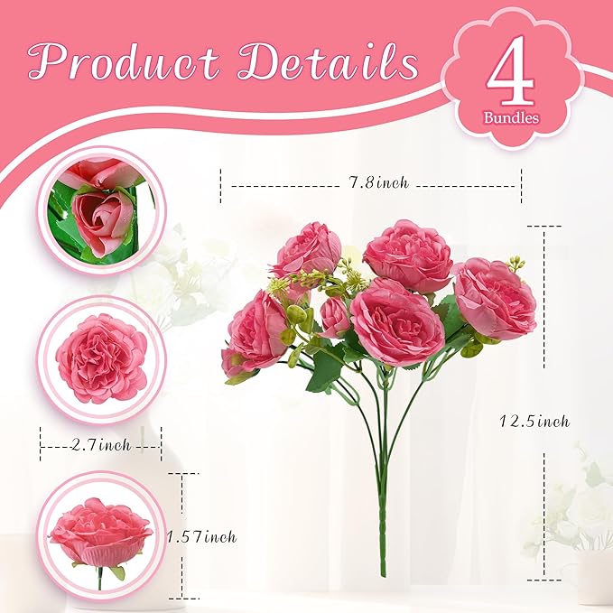 4 Packs Artificial Peonies Silk Flowers: Faux Peony Bouquet 4 Bundles, Fake Peonies Flowers Bulk for Centerpiece Table Wedding Party Home Decor for Vase Decoration (Rose Red)