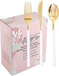 WDF 180Pieces Gold Plastic Silverware-Gold Plastic Cutlery with White Handle-Heavyweight Disposable Flatware-Include 60Forks, 60 Spoons, 60 Knives For Thanksgiving