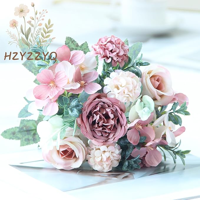 8 Pack Artificial Peony Flowers, Silk Peonies Flowers Fake Peonies Artificial Flowers Peonies Hydrangea Bouquet for Centerpiece Table Wedding Party Home Decor (8, Rose + Pink)