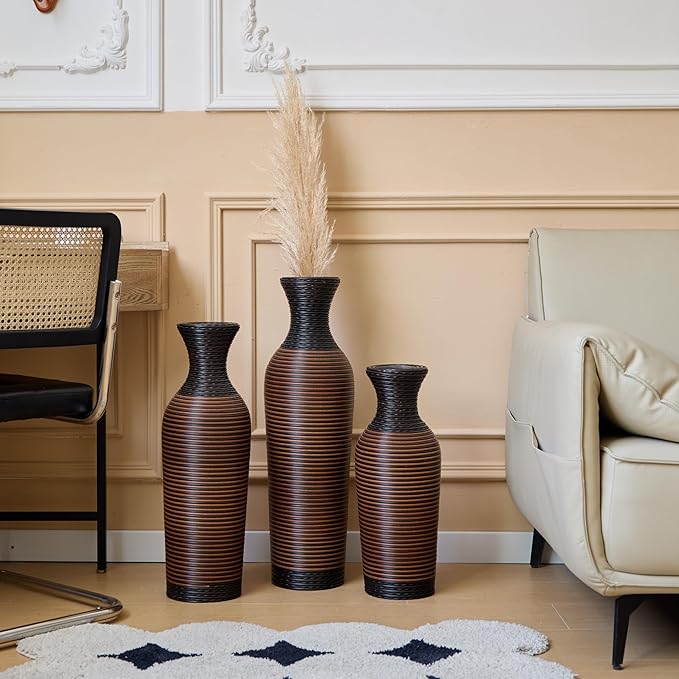 Black and Brown PVC Floor Vase Set of 3, Modern Decorative Flower Stand, Tall Artificial Vine Vase, Classic Home Decoration Vases for Living Room, Entryway, or Office