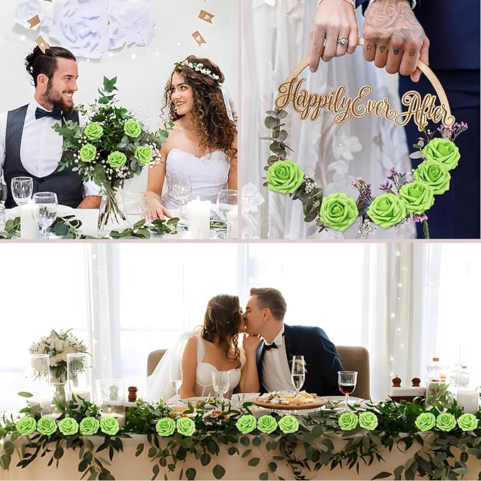 100Pcs Green Artificial Flowers Roses Real Looking Foam Fake Roses with Leaves for DIY Wedding Bouquets Bridal Shower Centerpieces Party Decorations (Green, 100)