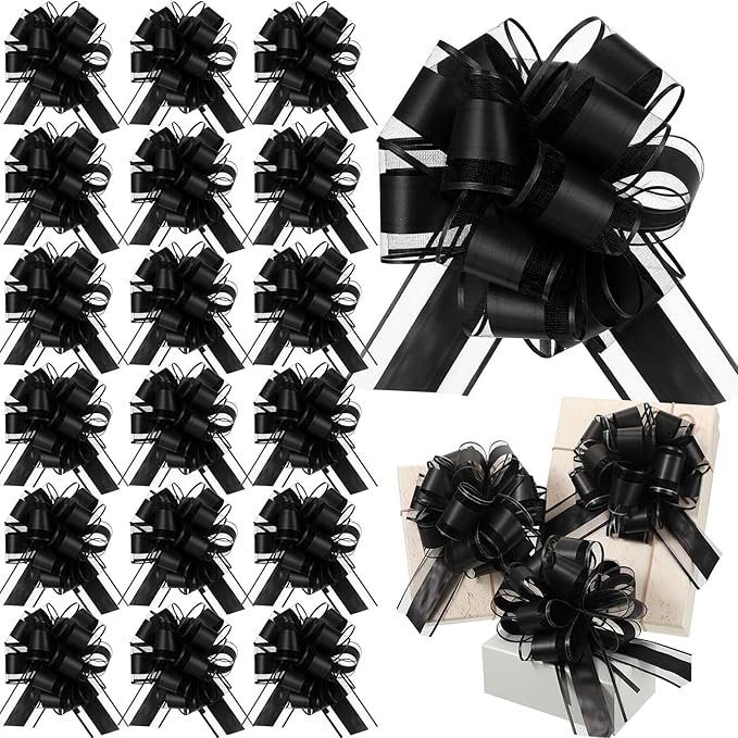 WILLBOND 20 Pieces 6 Inch Pull Bows Gift Wrapping Ribbon Pull Bows for Christmas Wedding Baskets Valentine Multicolor Wrap Accessory for Gift Present Holiday Decor(Solid Black)