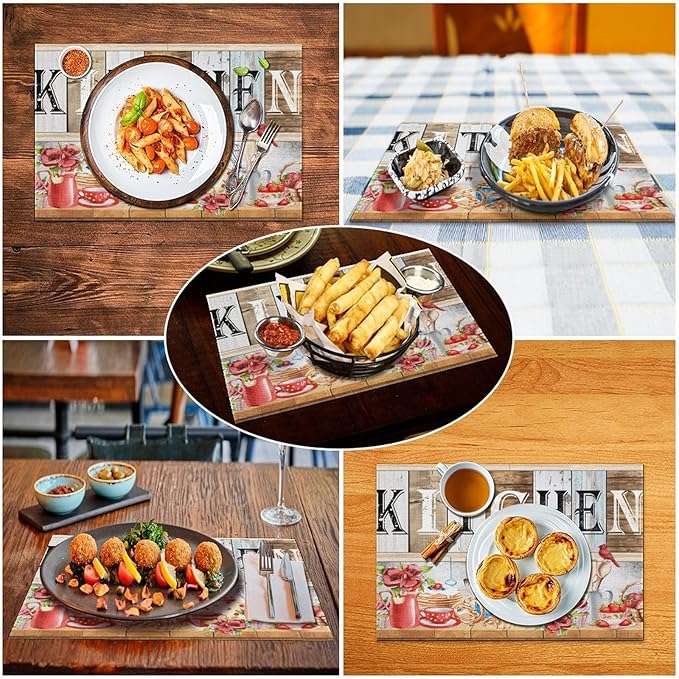 Farmhouse Vintage Kitchen Placemats Rustic Wood Plank Barn Door Retro Strawberry Utensils Knives and Forks Placemats Table Dining Party 12x18 Inch Set of 6