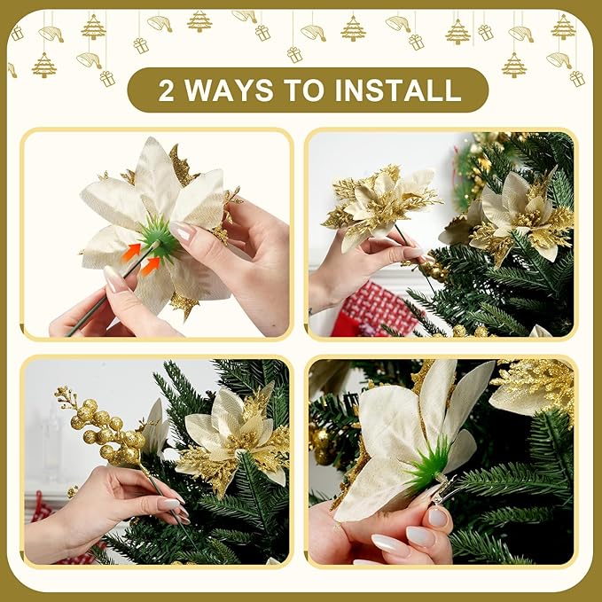 50pcs Glitter Poinsettia Christmas Ornaments, Artificial Flowers with Clips Stems for DIY Wreath Making, Holiday Home Party Decorations, Indoor Use (Gold)