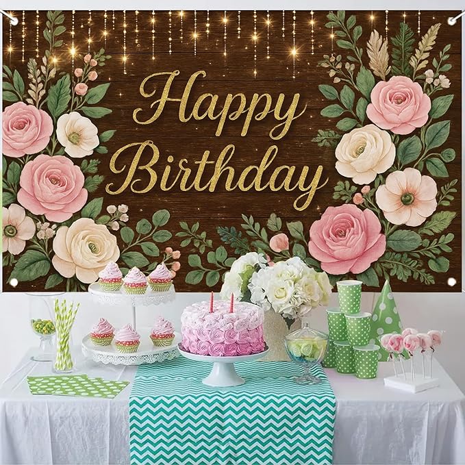Rustic Wood Floral Birthday Backdrop Banner Pink Flower Wooden Happy Birthday Photography Background Women Girls Wedding Baby Shower Decor Party Decorations Photo Studio Props 6x4ft