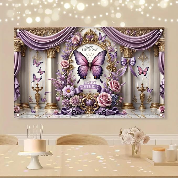 Floral Birthday Backdrop Banner for Girls Spring Butterfly Happy Birthday Photography Background Pink Flower Blossom Plant Pastel Lovely Princess Banner Photo Booth Studio 70.8 x 43.3 Inch