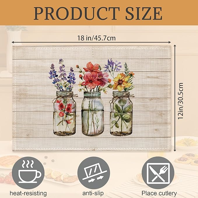 Flowers Placemats Set of 6,Washable Heat Resistant 12×18 Inch Linen Table Mats Fall Floral Place Mats for Party Outdoor Dining Decor