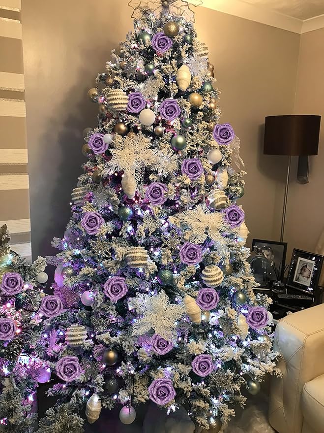IPOPU Glitter Flowers,25PCS Light Purple Glitter Roses Fake Roses Artificial Flowers for Cake Wedding Bouquet Home Party Decoration(Lilac)