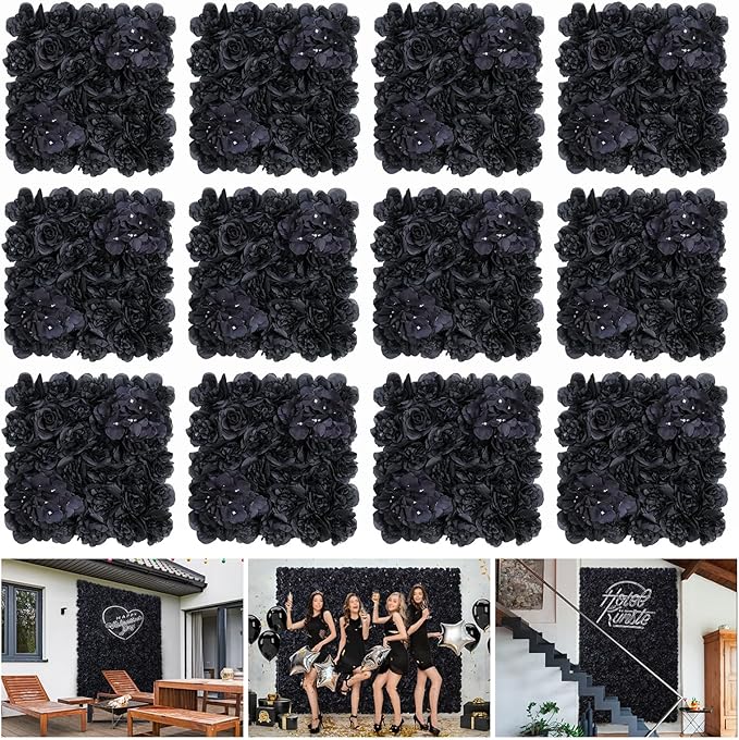Artificial Flower Wall Panels - 12-Piece Set of 15x15 Inch Black Silk Roses Floral Backdrop Ideal for Wedding Celebrations, Festive Party Background and Elegant Home Decor