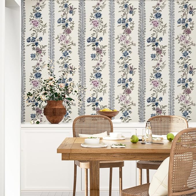 Vintage Floral Wallpaper Peel and Stick Boho Wallpapers 17.5in x 9.8ft Blue/Beige Floral Wall Mural Vinyl Removable Self Adhesive Nursery Modern Wallpaper for Bookshelf Cabinets Bathroom Walls