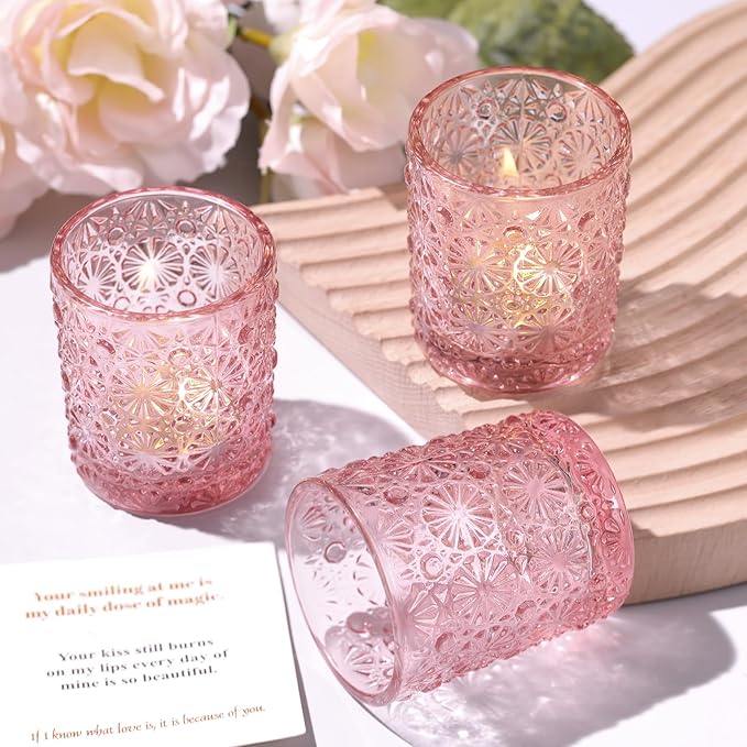 Pink Votive Candle Holder Set of 12, Flower Tea Lights Candles Holders for Wedding Table Centerpieces, Birthday Parties, Anniversary, Pink Bridal Shower and Holiday Decorations