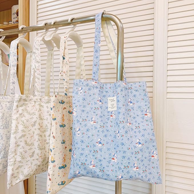 Cotton Canvas Tote Bag Reusable Soft Grocery Cloth Bag Floral Shoulder Bag for Beach Travel Shopping