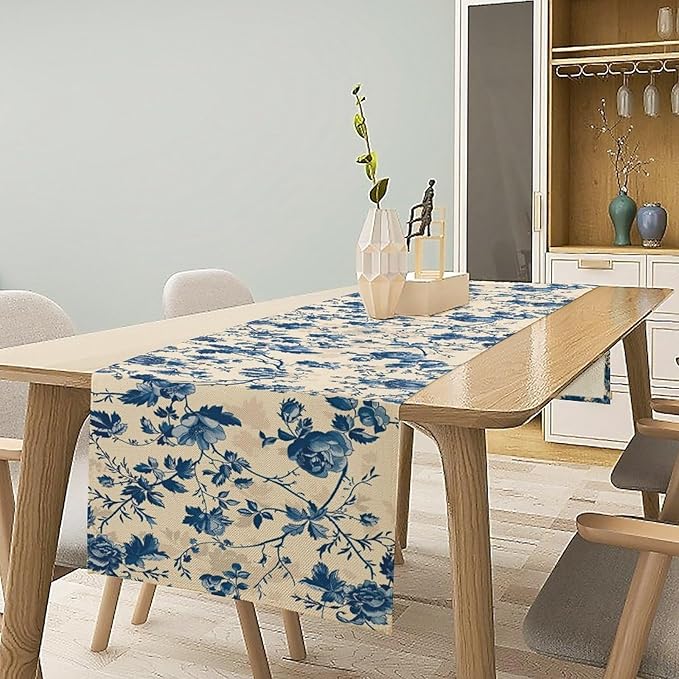 Vintage Floral Table Runner, Retro Blue Flowers Farmhouse Design Table Runner for Kitchen Dining Holiday Party Decor, 13x60 Inch