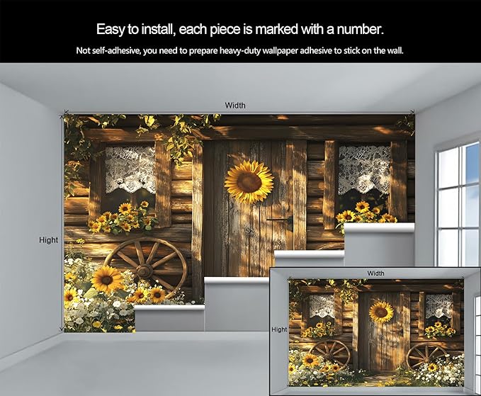 Rustic Cabin Sunflower Wall Mural, Vintage Cottage Door Sunflower 3D Wall Murals, Farmhouse Nature Wallpaper Mural, for Living Room Bedroom Large Wallpaper Indoor Decor 169.3" W x118.2 H