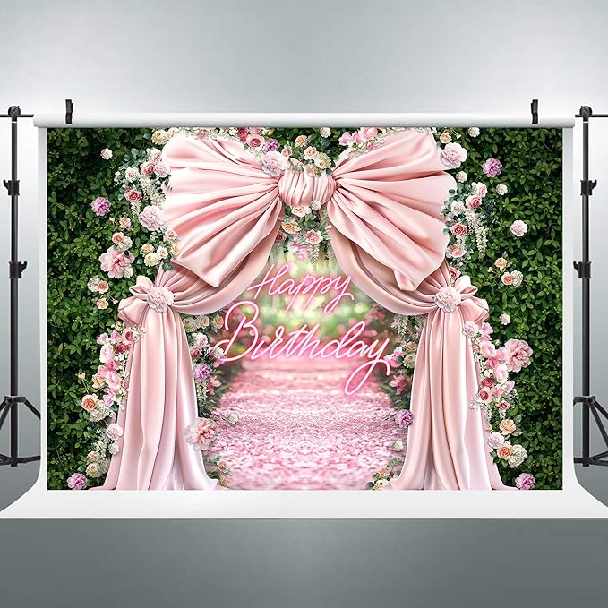 Riyidecor Happy Birthday Backdrop Polyester Fabric Pink Bow Floral Green Leaves Botanical Plant Nature Blossom Neon Flower Wall 7Wx5H Feet Girls Photography Background Birthday Photo Studio Shoot