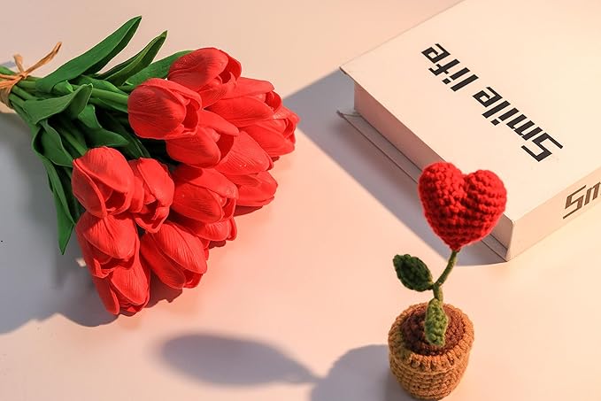 SITUMEIZI 15pcs Red Fake Tulips Artificial Flowers Real Touch Red 14" Silk Flower for Home Kitchen Decor Spring Easter Wedding Bouquet Decorations Office Valentine's Day Gifts