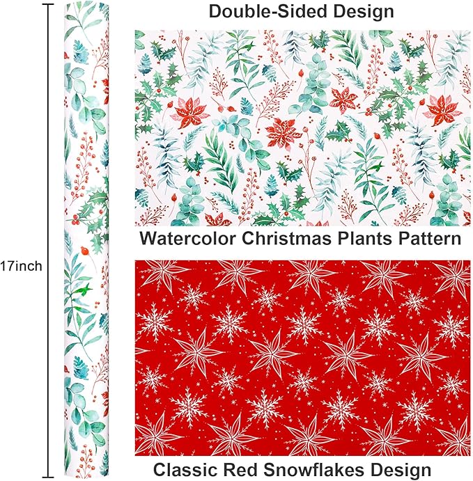 Yarcony Christmas Wrapping Paper, Holly Wrapping Paper, Vintage Watercolor Poinsettia, Floral Botanical & Winter Green Pattern Neutral Christmas Gift Wrap for Holiday, Celebration (17 Inch x 33 Feet)