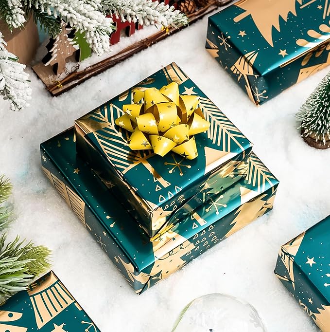 MAYPLUSS Wrap Paper Roll - 17 Inch X 33 Feet - Luxurious Metallic Foil Green Elegant Christmas Tree Winter Gift Wrapping Paper, Festive Decoration