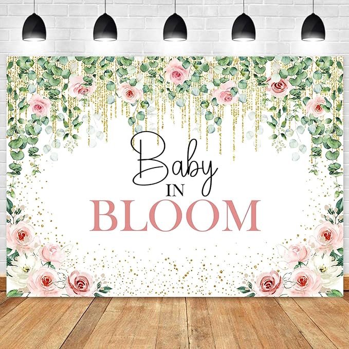 Sensfun Baby in Bloom Backdrop Green Leaves Pink Flowers Baby Shower Party Decorations Girls Greenery Floral Baby in Bloom Banner Gold Glitter Dots Photography Background Cake Table Supplies 6x4ft