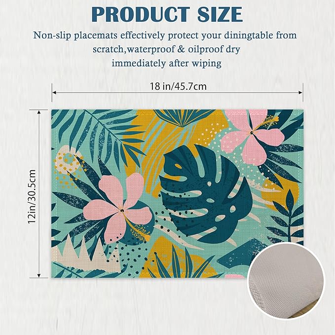 Boho Foliage Botanical Placemats Set of 4, Tropical Palm Leaves and Floral Place Mats Heat Resistant Washable Non-Slip Table Mats for Party Kitchen Dining Decor 12x18 Inch
