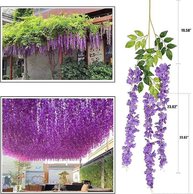 Artificial Wisteria Hanging Flowers-Fake Wisteria Flower Garland Silk Vines Rattan Decor for Home Wedding Arch Wall Garden Greenery Bedroom Outdoor Office Party Decoration (24, Purple)