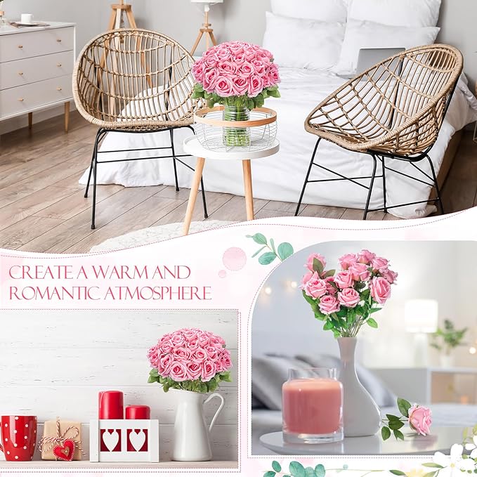 Hotop 120 Pcs Roses Artificial Flowers in Bulk,Long Stem Artificial Flower Bouquet,Silk Real Touch Fake Rose for Wedding Party Table Centerpieces Decor Valentines Gifts(Bright Pink)