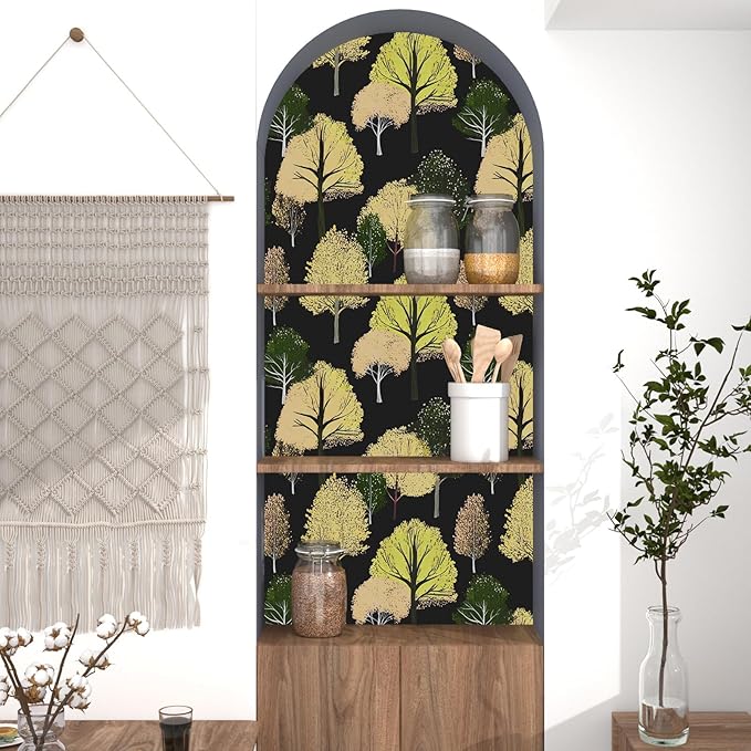 Forest Wallpaper Peel and Stick, Back/Green/Yelllow Trees Contact Paper,Abstract Woodland Landscape Wall Mural Self Adhesive Waterproof Removable for Bathroom Shelves Cabinet Drawer Table 17.5" x 118"
