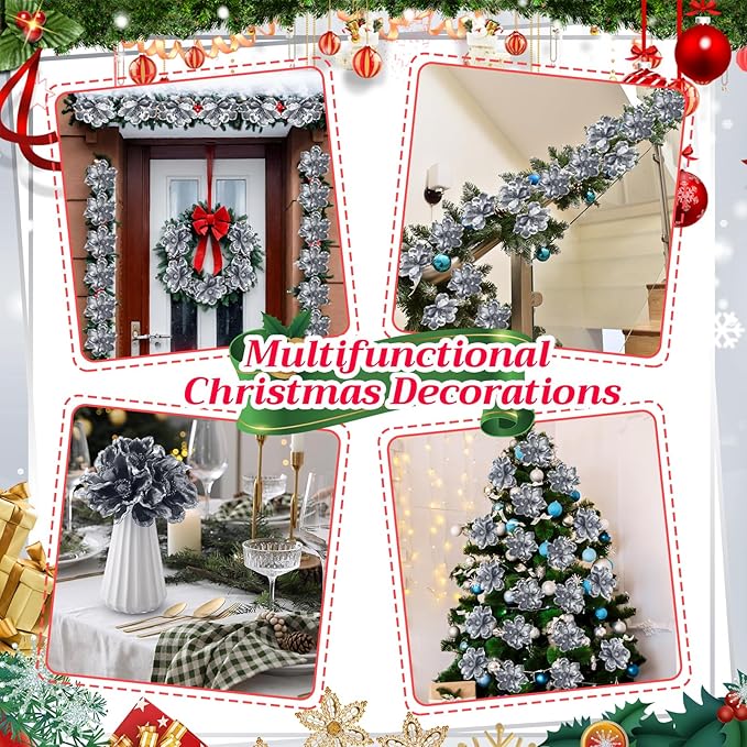 20 Pcs Christmas Glitter Poinsettia Magnolia Flowers Ornaments Large Heads Artificial Magnolia Flowers for Christmas Tree Xmas Wreath Holiday Wedding Decor (Grey)