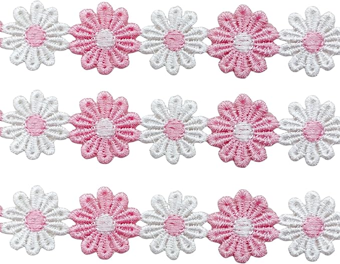 15 Yards Daisy Flower Lace Trim Embroidered Floral Lace Sewing Trim Ribbons for Embellishment Craft Dress Hair Accessories Decorations(White/Pink)