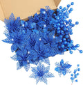 Zhuqing 22Pcs Christmas Poinsettia Artificial Flowers and Glitter Berries Stems Kit, 16Pcs Christmas Tree Flowers Ornaments and 6 Pack Christmas Tree Picks for Wedding Holiday Decorations (Royal Blue)
