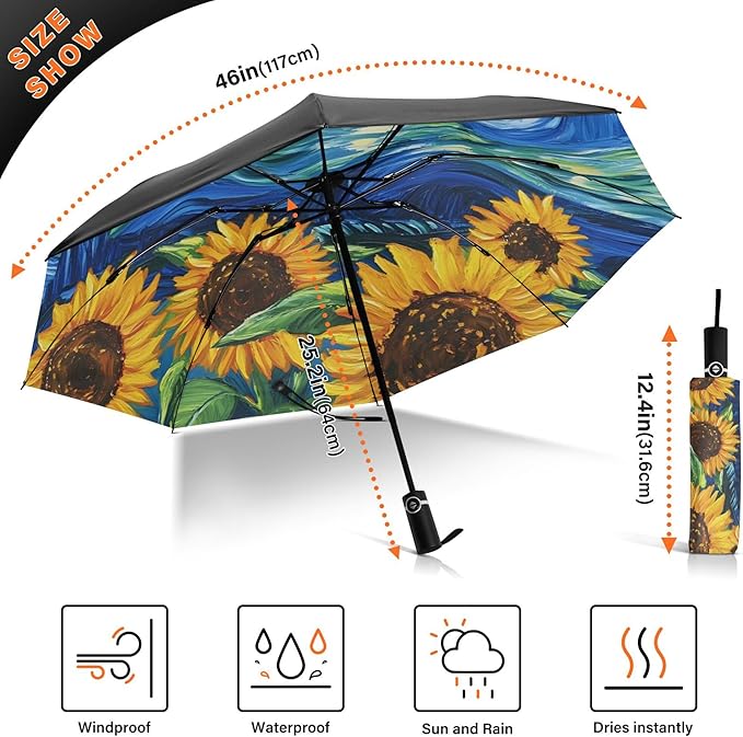 Automatic Folding Umbrella Windproof Strong, UV Protection Compact Floral Hydrangea Hummingbird Sun Rain Sun Rain Travel Umbrellas for Women Men