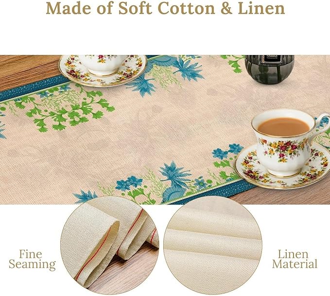 Vintage Floral Table Runner, Elegant Blue Flowers Nature Design Table Runner for Kitchen Dining Holiday Party Home Decoration, 13x90 Inch