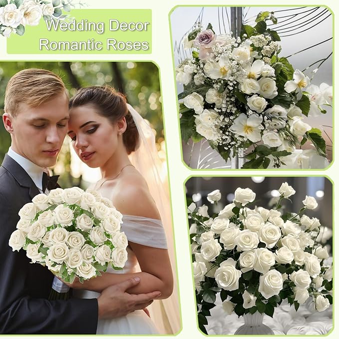 12Pcs White Roses Artificial Flowers Fake Roses Faux Velvet Silk Flower for Home Wedding Decoration (Pearl Rose, White)