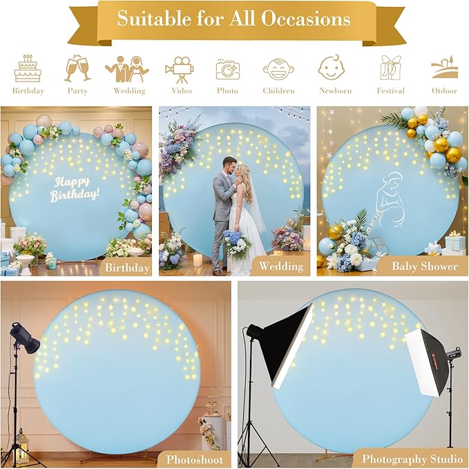 6.6 FT Baby Blue Round Backdrop Cover with Lights String for Circle Arch Stand, Circle Backdrop Covers with LED Fairy Lights for Wedding Baby Shower Boy Birthday Party Photo Shoot Background