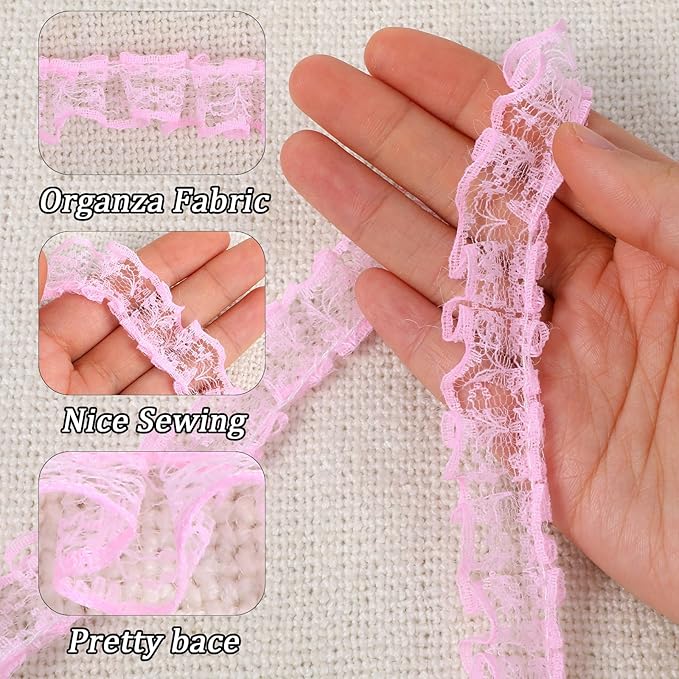 10 Yards Pleated Organza Pink Lace Edge Gathered Mesh Trim Ribbon 0.9 Inches Vintage Edging Trimmings Fabric Laces Trim Sewing Crafts Lace for Gift Wrapping Dress Decoration Wedding Bouquet