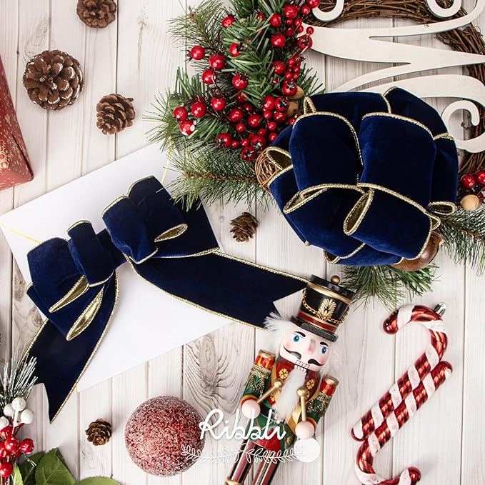 Ribbli Navy Velvet Wired Ribbon 2.5 Inch Luxury Matte Velvet Christmas Ribbon for Gift Wrapping Christmas Tree Decoration Crafts Wreaths Supplies - 10 Yards