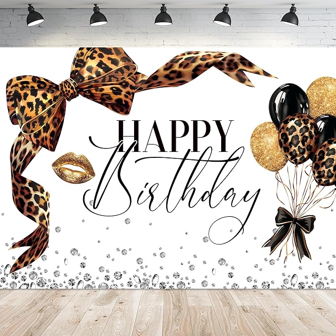 Leopard Print Bow Happy Birthday Backdrop 7Wx5H Photography Coquette Brown White Gold Bowknot Balloons Diamond Bownot Background Girly Party Decorations Banner Photo Booth Props Supplies