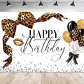 Leopard Print Bow Happy Birthday Backdrop 7Wx5H Photography Coquette Brown White Gold Bowknot Balloons Diamond Bownot Background Girly Party Decorations Banner Photo Booth Props Supplies