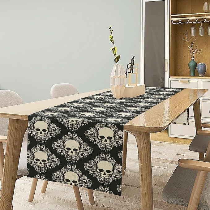 Gothic Table Runner,Dark Skull Pattern Table Runner for Home Kitchen Table Dining Garden Farmhouse Wedding Party Deco 13x36 Inch