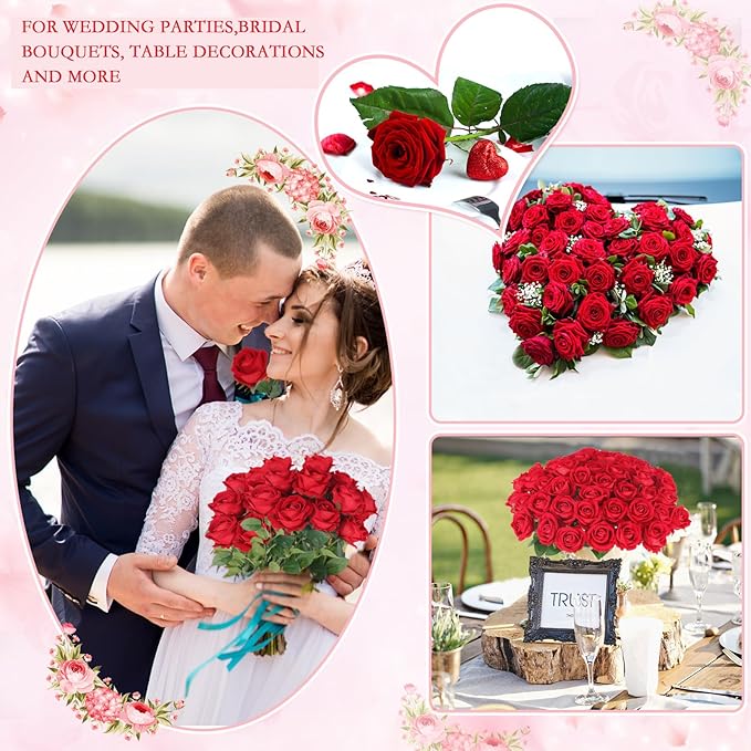 Hananona 50 Pcs Artificial Roses in Bulk, Fake Silk Red Roses Realistic Roses for Wedding Centerpieces Flower Arrangement Home Decor (50, Red)
