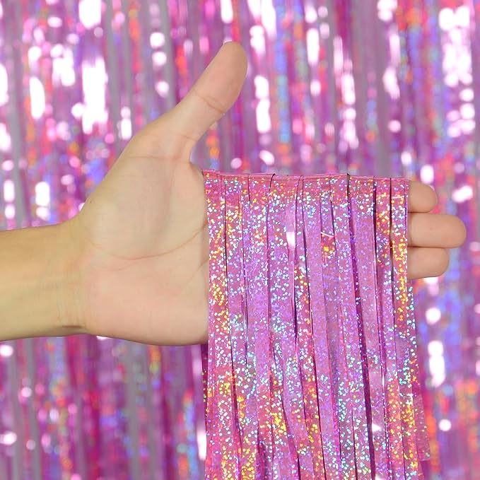 Melsan 3 Pack 3.2 x 8.2 ft Foil Fringe Curtains - Pink Tinsel Curtain Girl Birthday Decorations Photo Backdrop for Party Decoration Engagement or Bachelorette Party Supplies