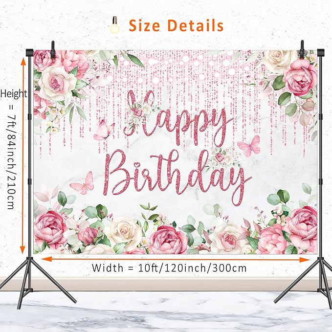 Rose Gold Birthday Backdrop - Floral Decorations, Glitter Blush Pink Flower Happy Birthday Banner for Women Girls Bday Party - Photography Background Photo Booth Supplies 10x7ft