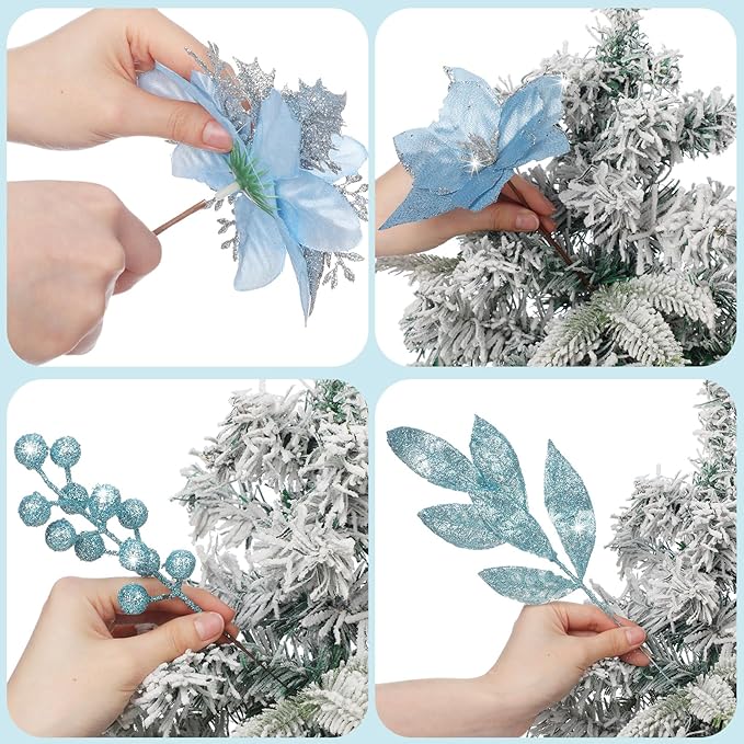 60 Pcs Christmas Glitter Branches 6 Styles Artificial Christmas Picks Berries Stems Poinsettia Flowers Pine Needles Floral Twig Spray for Xmas Tree Ornaments DIY Wreath Garland(Light Blue)