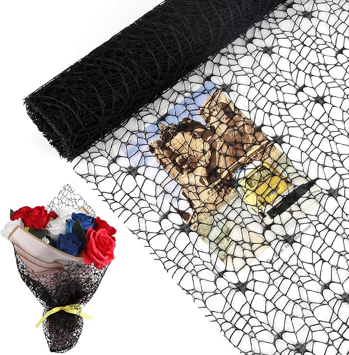 FOIMAS Flower Bouquet Wrapping Paper Roll,19.6" x 5 yrs Mesh Bouquet Wrapping Paper for Presents Flower Packaging Hand Decor,Black