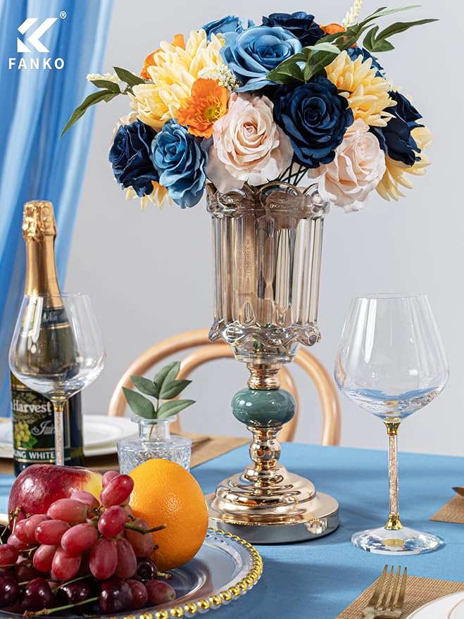 FANKO Artificial Flowers Navy Blue Rose, Mixed Fake Silk Flowers Combo Cream Rose Yellow Chrysanthemum Vintage Assorted Blooms for DIY Wedding Bridal Bouquets/Centerpieces/Home Decor