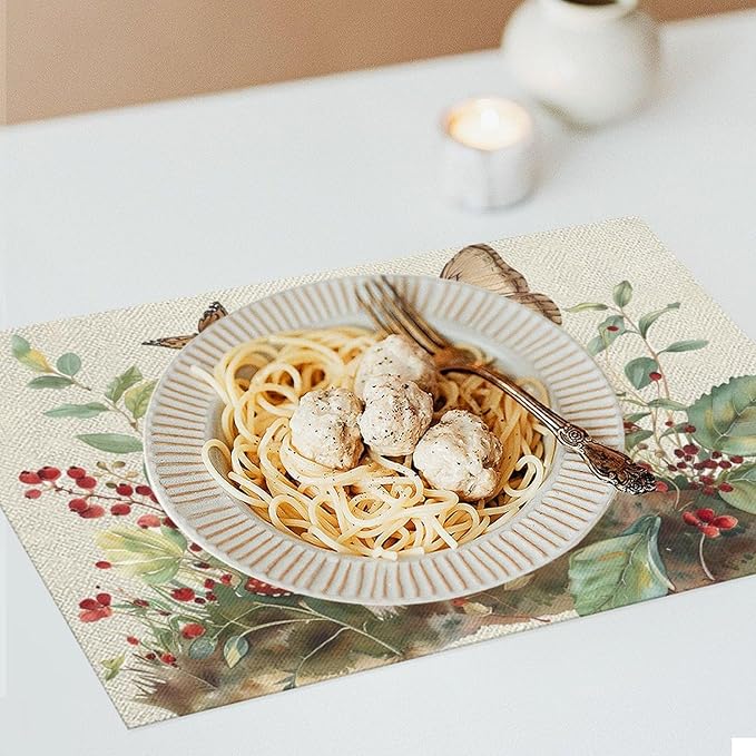 Mushroom Botanical Placemats Set of 4 Mushroom Plants Leaves Butterfly Place Mats Botanic Waterproof Washable Table Mats Kitchen Dining Decoration 4 PCS