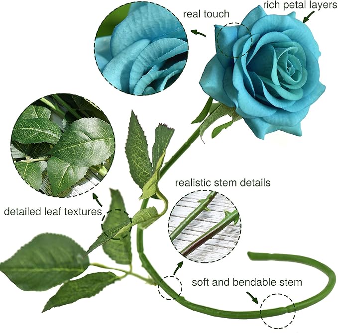 FiveSeasonStuff Silk Roses Artificial Flowers for Decoration, Home Decor Centerpiece for Tables, Wedding Bridal Bouquet of Flowers Real Touch Roses 12 Stems (Teal)