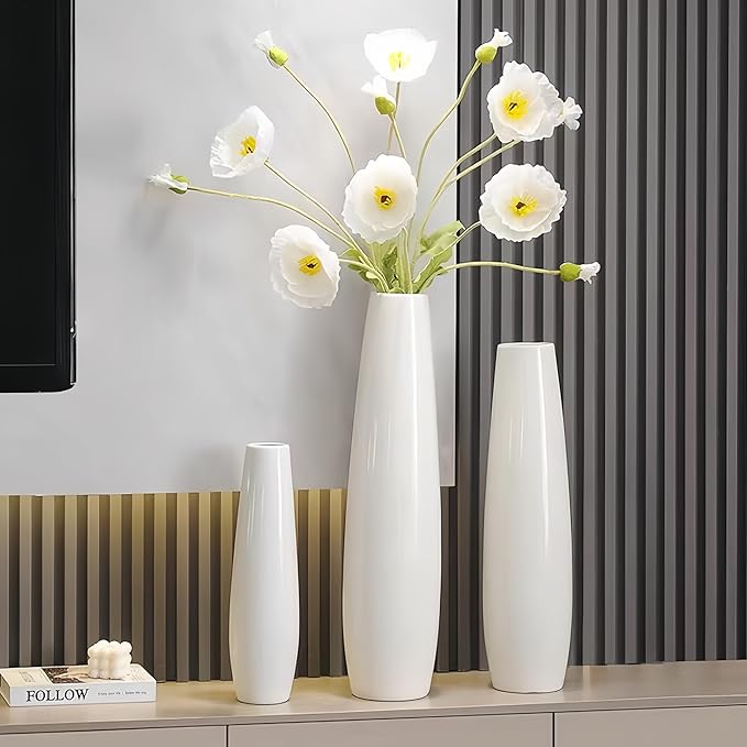 White Ceramic Floor Vase 17.7 Inches Tall Flower Holder Decorative Large Vases for Table Centerpieces Shelf Home Decor Living Room Branches Sky-Dried Flower Arrangement Simple Decorative